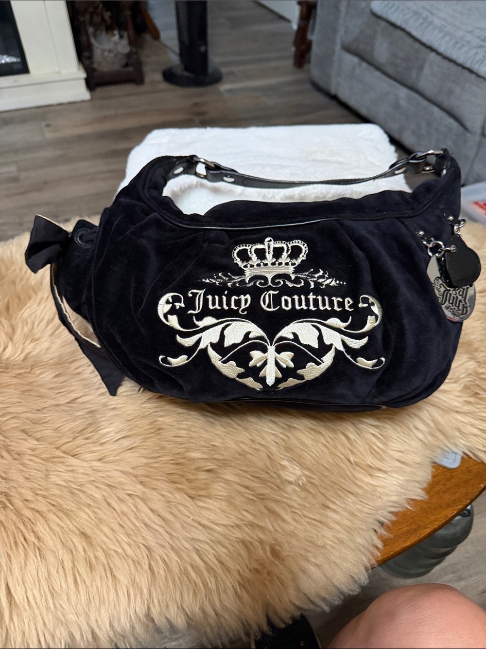 Vintage Juicy Couture MINI Hobo Bag Shoulder Purse Black Velour Royal Charm